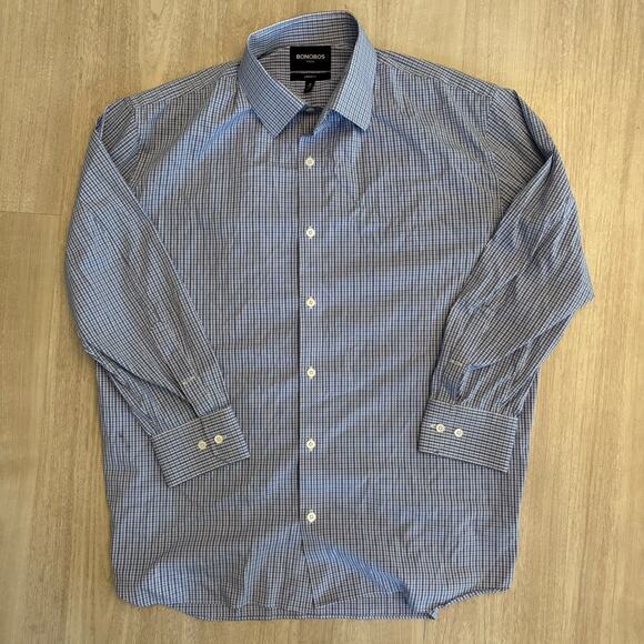 Bonobos Button Down Shirt Long Sleeve Men Size 18 33 Plaid Checker Blue Standard - Picture 1 of 9